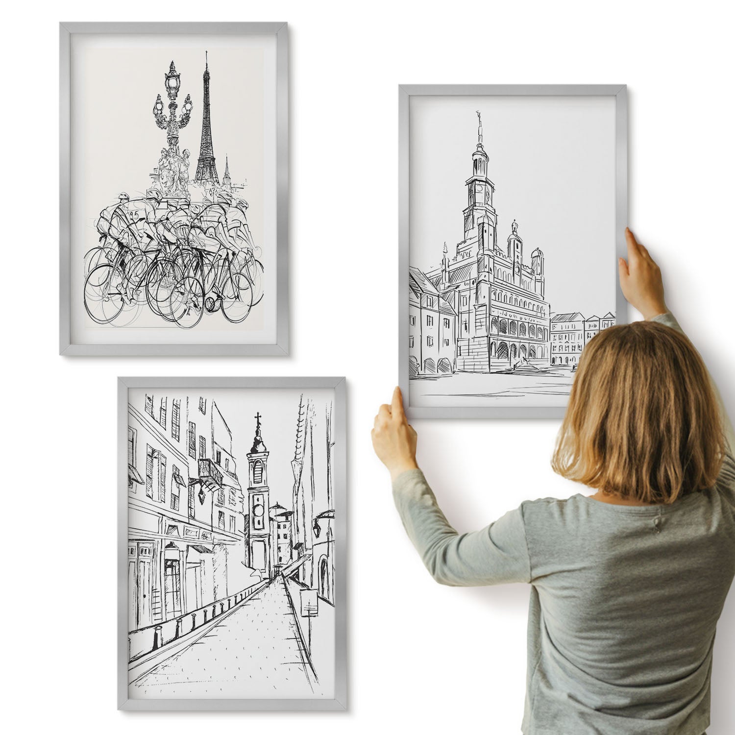 Galeria ścienna 3-częściowy komplet obrazów w srebrnych ramach - Proste rysunki miejskich widoków - ArtPrintCave