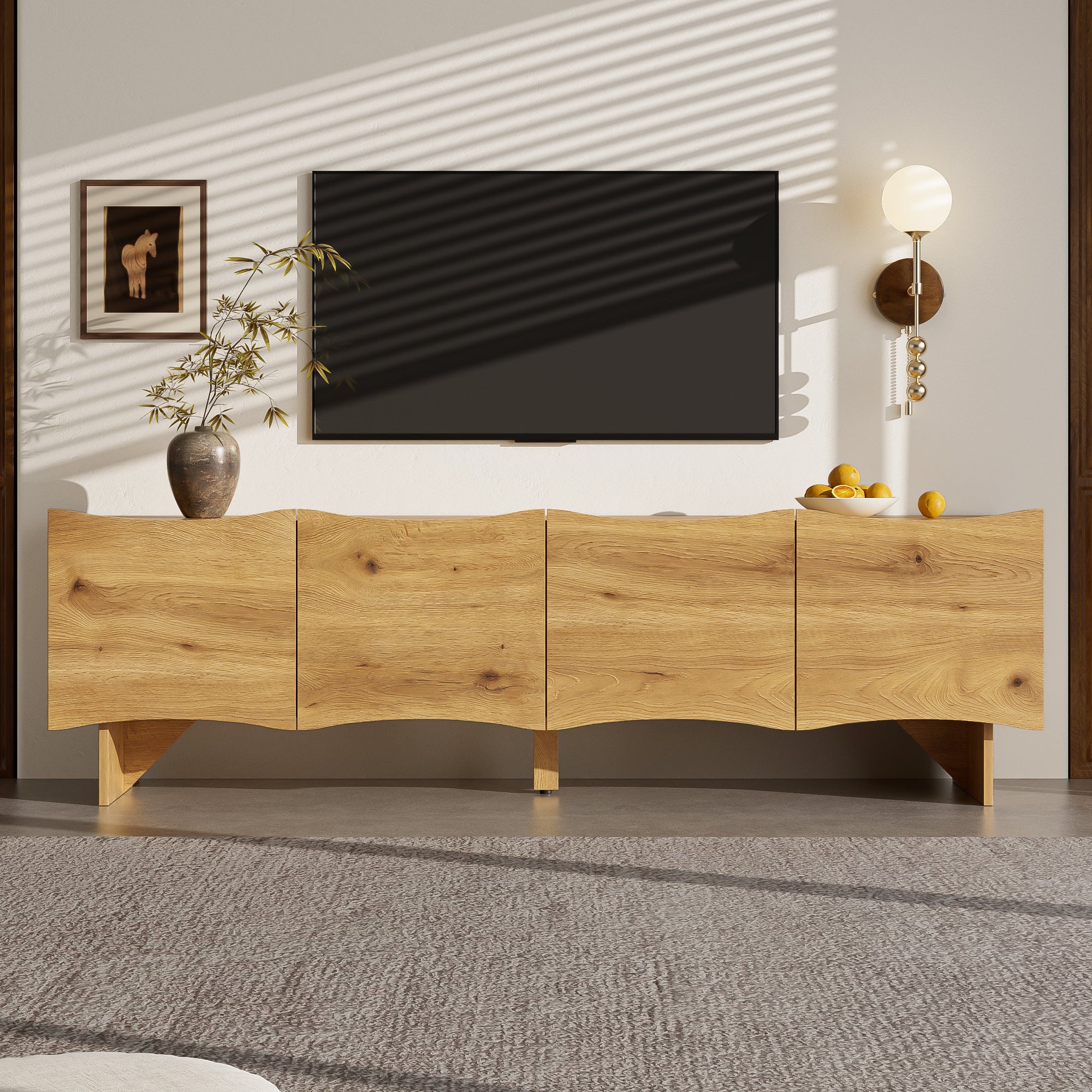Szafka RTV z 4 drzwiami - 155 x 36 x 47 cm - Płyta wiórowa - do salonu - Naturalna