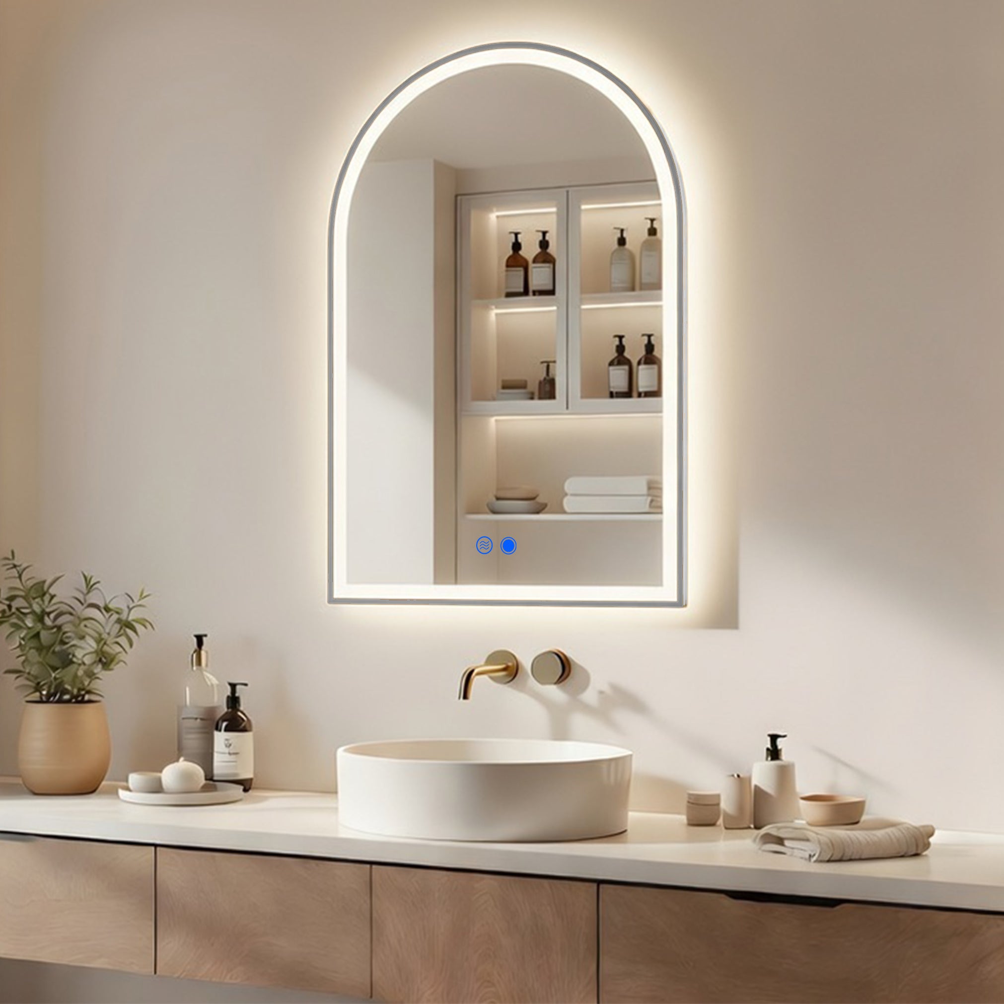 Lustro LED łazienkowe łukowe 70x100 cm ARTFORMA – podświetlane, 3 barwy światła, dotykowe, antyzaparowe, rama srebrny szczotkowany