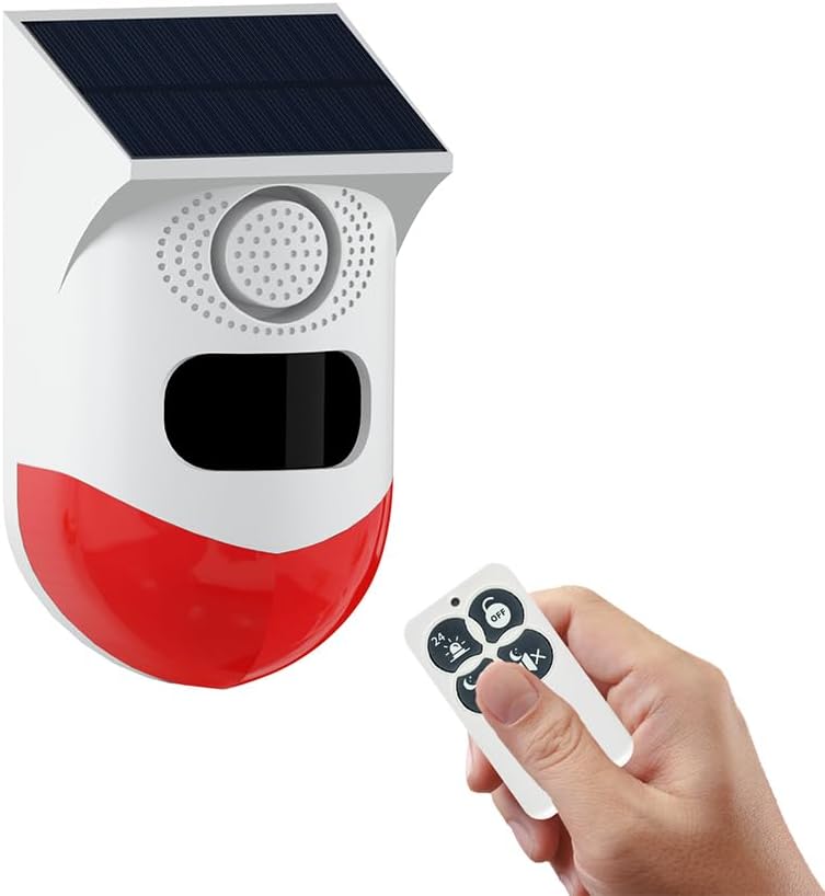 Alarm dźwiękowy i wizualny zasilany energią słoneczną z czujnikiem ruchu i pilotem, 120 dB, 24-godzinny czas pracy na baterii + 4 tryby