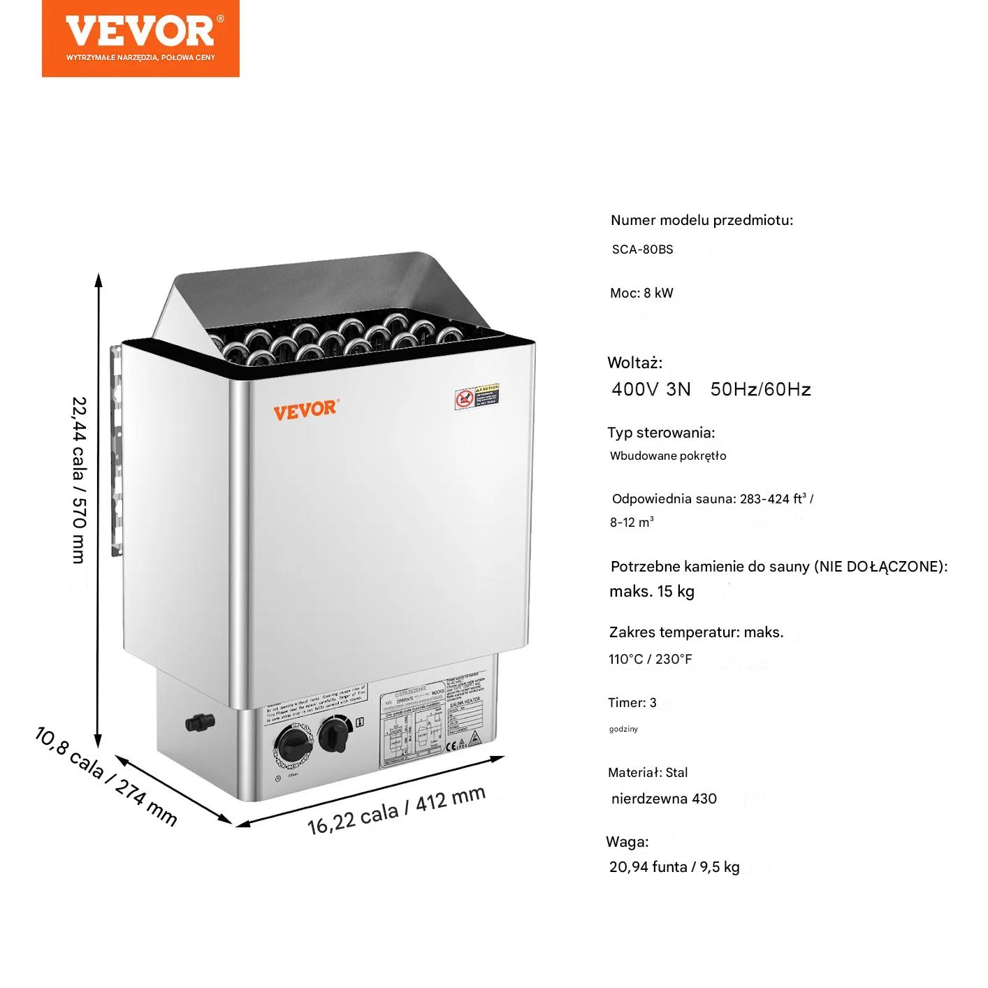 Piec do sauny elektryczny 8kW 400V timer stalowy do domu i SPA