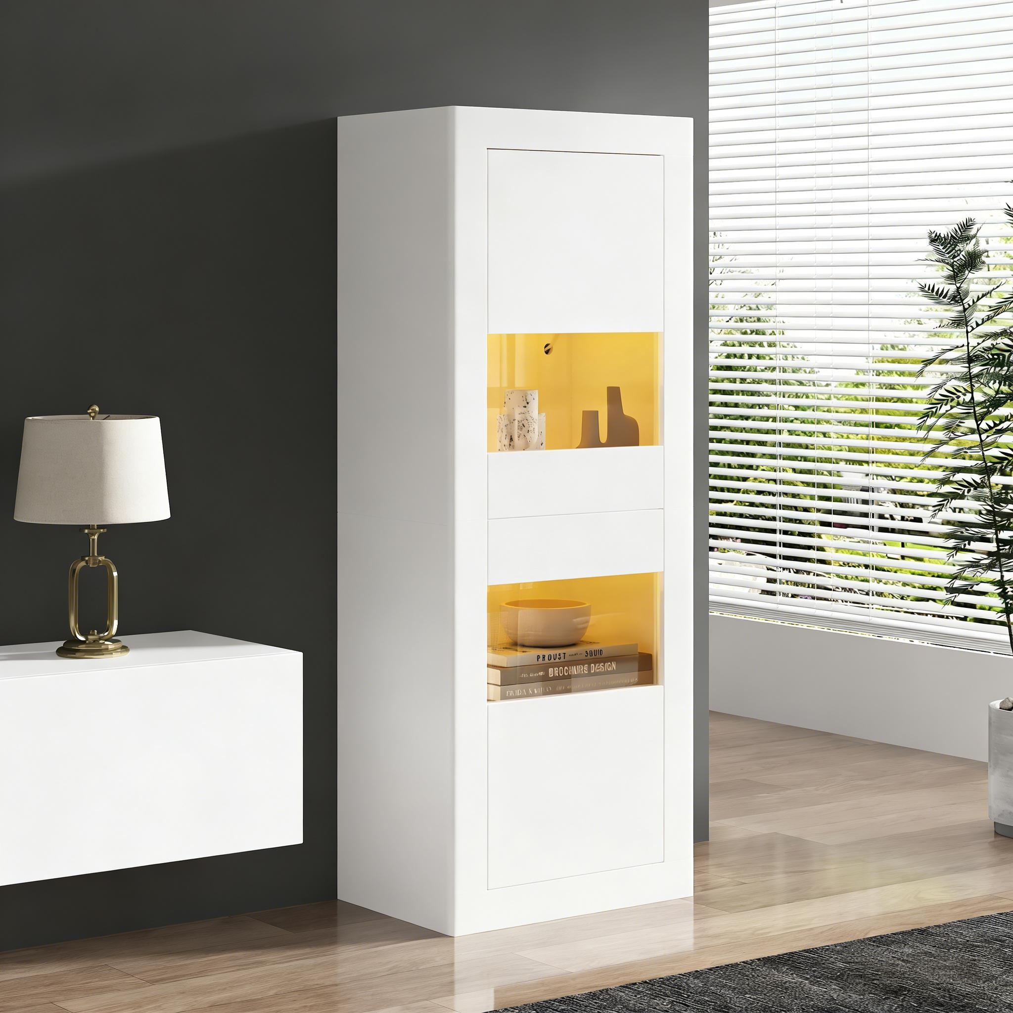 Witryna z 2 drzwiami i 3 półkami – 61 x 42 x 162 cm – Płyta wiórowa, akryl i szkło – Oświetlenie LED, system push-open – Kolor biały