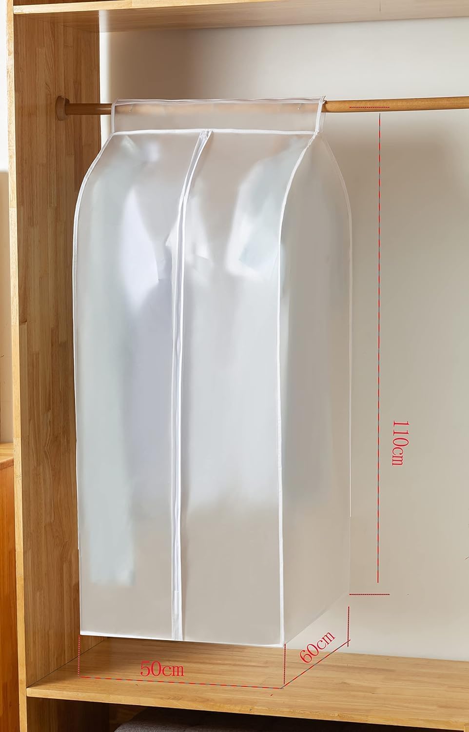 Pokrowiec przeciwpyłowy na drążek na ubrania, 60 x 50 x 110 cm, wykonany z tworzywa PEVA, z zamkiem błyskawicznym na całej długości i zapięciem na rz