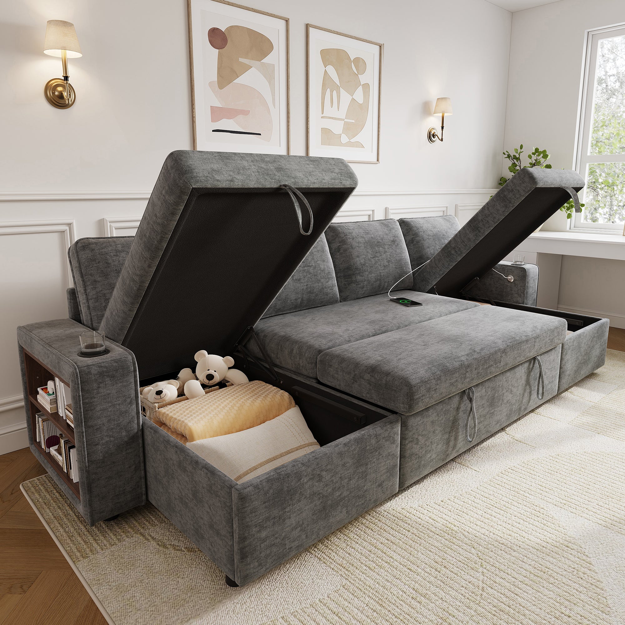 Sofa 4-osobowa z funkcją spania w kształcie litery U - ze zintegrowanym uchwytem na kubki - z bocznymi półkami - wyposażona w złącze USB/Typ-C - szara