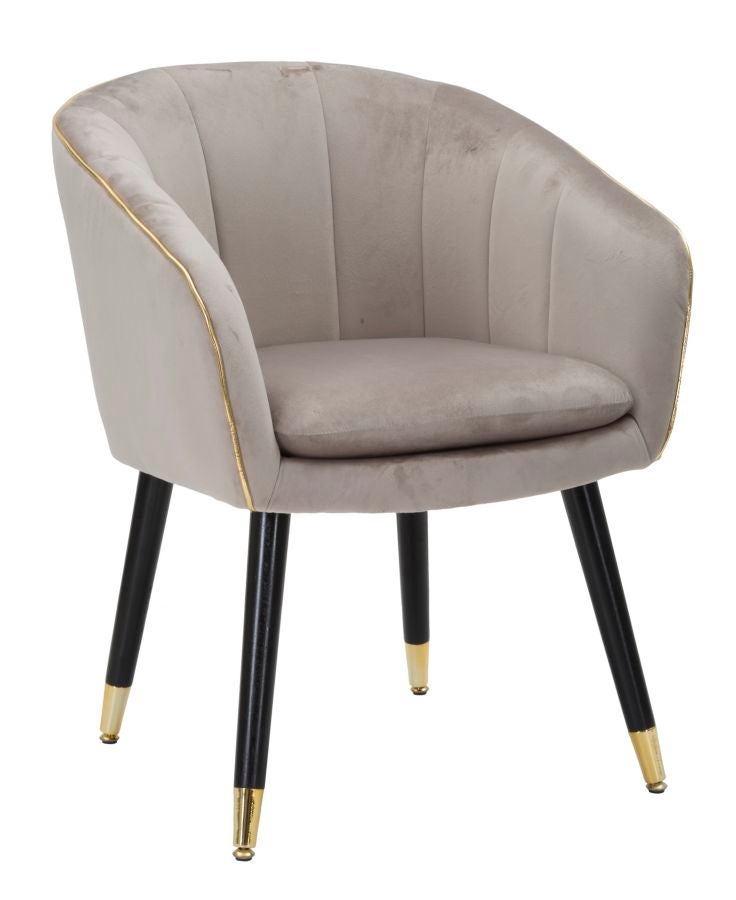 Fotel Paris Glam Grey and Gold – tapicerowany fotel z tkaniny z czarnymi drewnianymi nogami i złotymi detalami, wymiary 62x58x78 cm