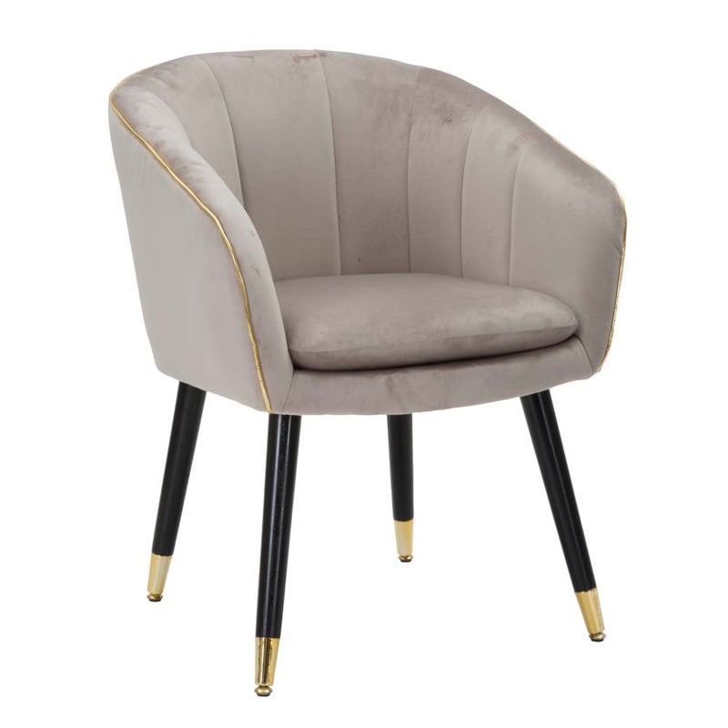 Fotel Paris Glam Grey and Gold – tapicerowany fotel z tkaniny z czarnymi drewnianymi nogami i złotymi detalami, wymiary 62x58x78 cm