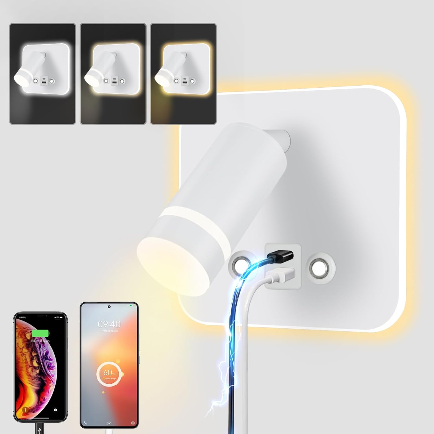 Lampka ścienna do czytania, dotykowa, 3 temperatury barwowe, moc 3W+6W, port ładowania USB, odpowiednia do sypialni, kolor biały.