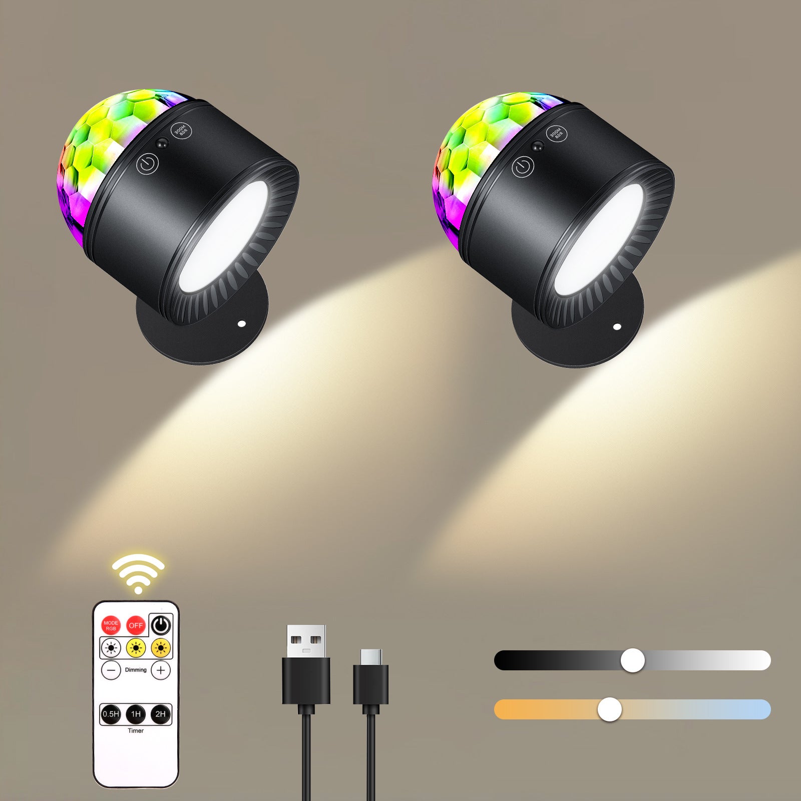 Podwójna lampa ścienna LED z akumulatorem - 3 ustawienia temperatury + pilot - czarna, zestaw 2 szt.