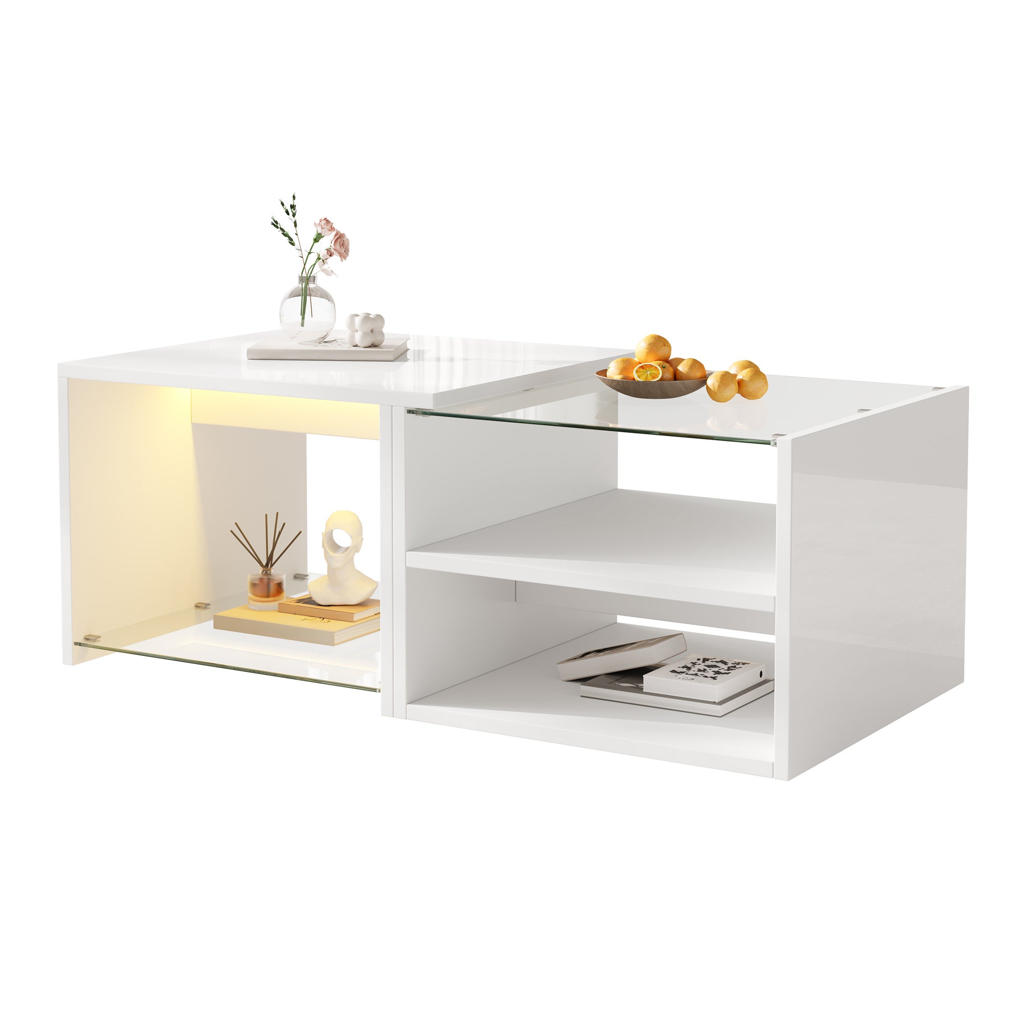 Stolik kawowy ze szklanym blatem, otwartą półką i oświetleniem LED – Płyta wiórowa – 100 x 50 x 38 cm – Biały połysk