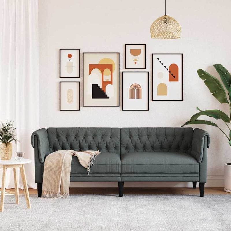 Sofa Chesterfield, trzyosobowa, ciemnoszara, obita tkaniną