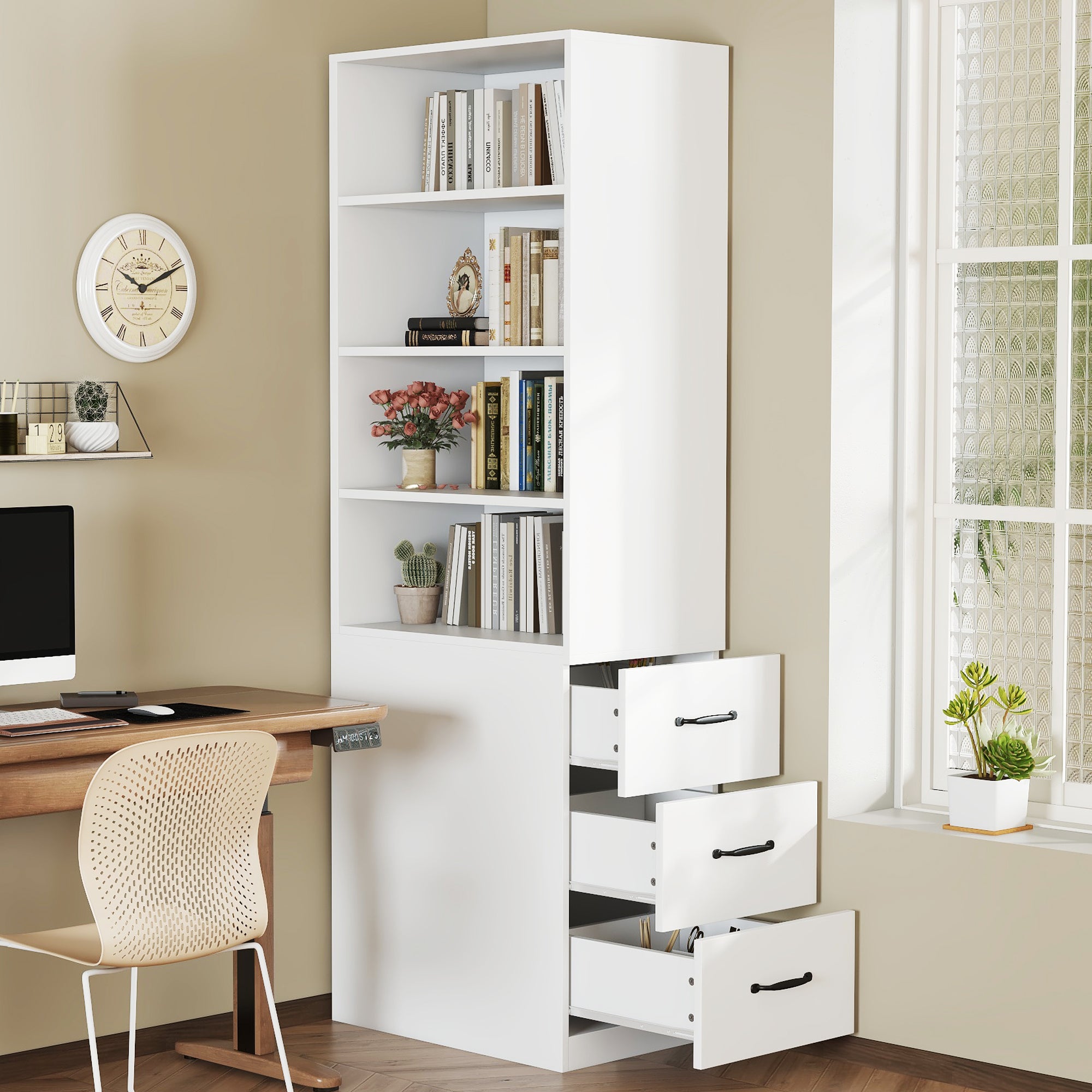 Regał 60x38x180 cm - Możliwość zmiany orientacji na lewą i prawą stronę - Z 3 szufladami - Regulowane półki - Biały