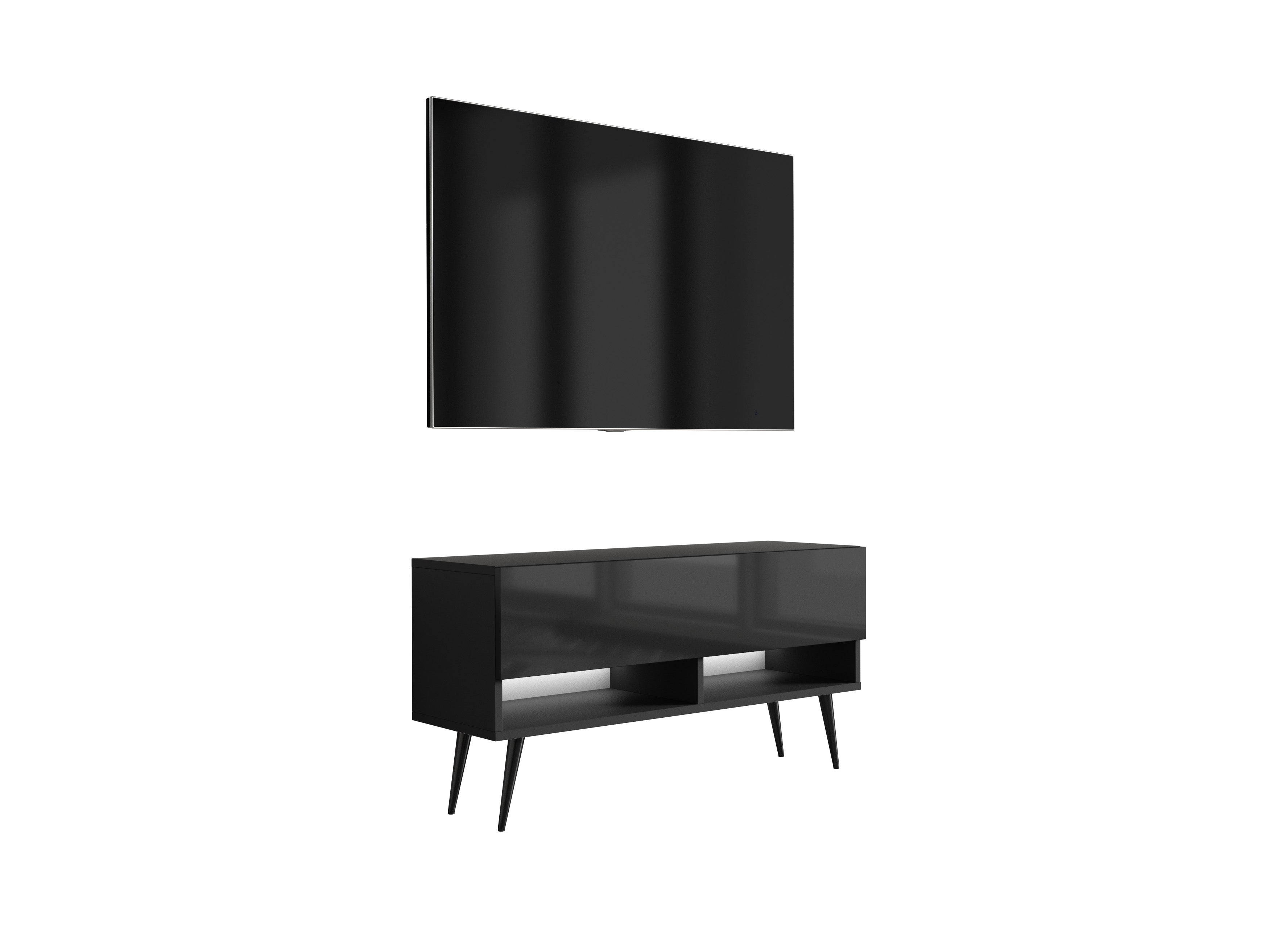 Szafka pod telewizor 100 cm Czarny Mat / Czarny Połysk, nóżki pochyłe czarne, LED biały, 100 × 32 × 52 cm