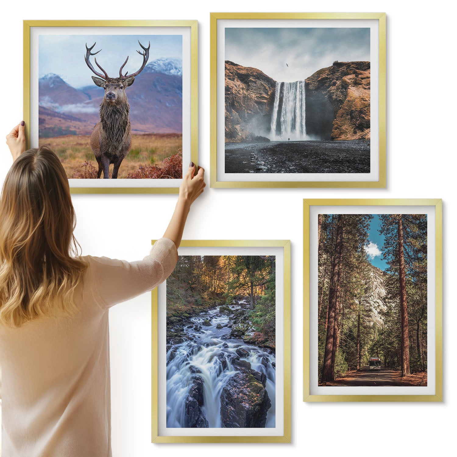 Galeria ścienna 4-częściowy komplet obrazów w złotych ramach - Wodospad w lesie góry i jeleń w naturze - ArtPrintCave
