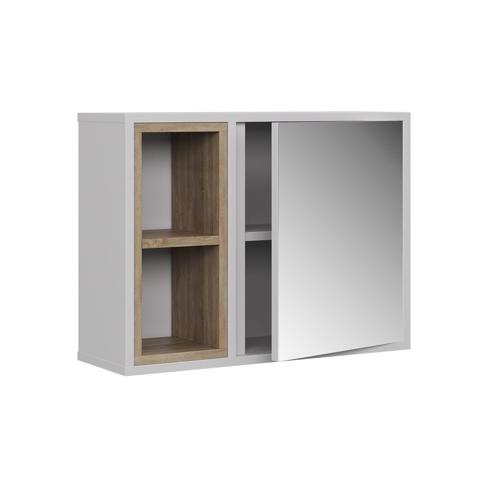 Vicco Szafka z lustrem w łazience Elnor, Biały/dąb, 60 x 45 cm z 2 otwartymi przegrodami i 1 drzwiami