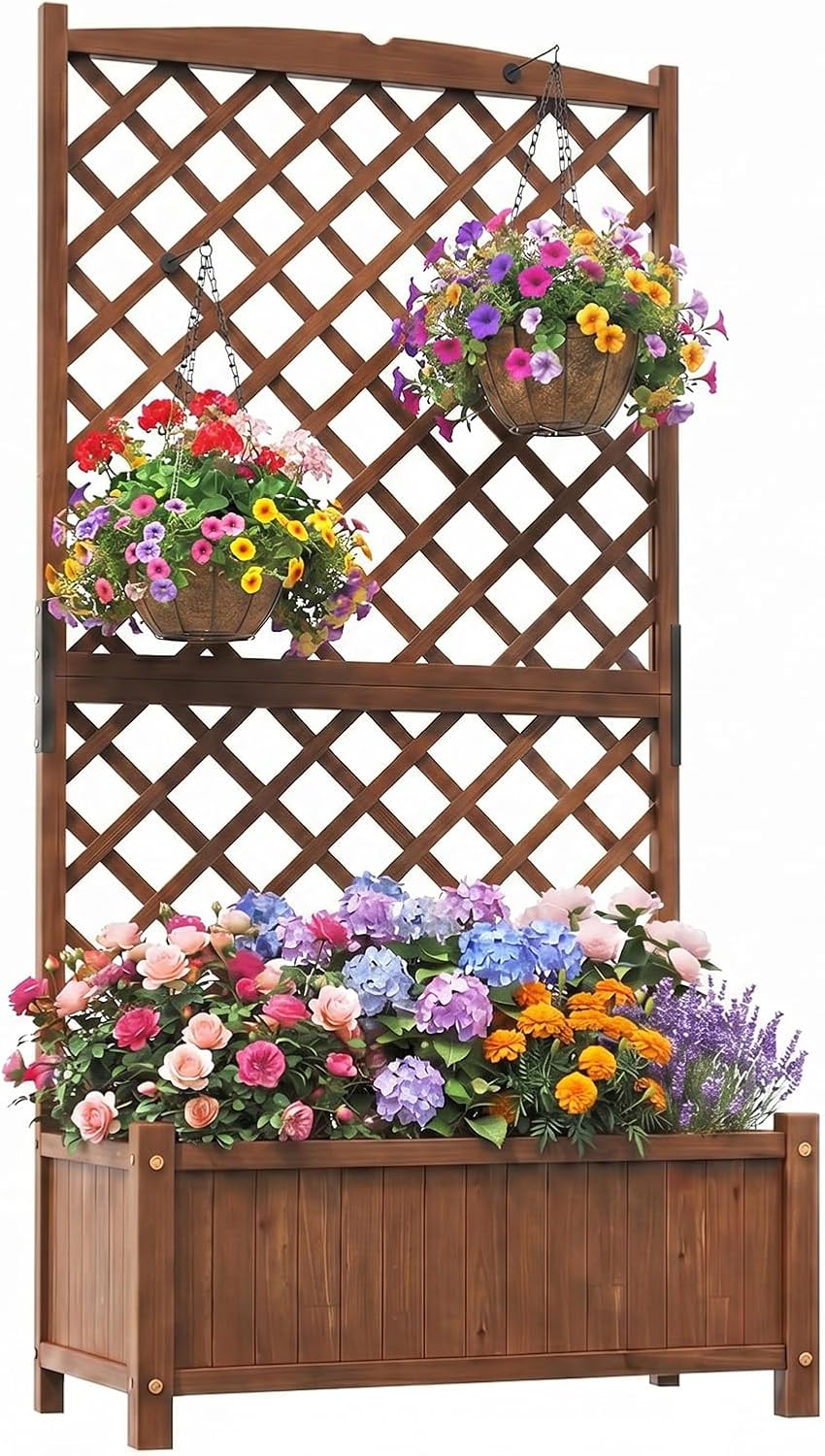 Doniczka z drewnianą kratką z drewna jodłowego z otworami drenażowymi, donica kwiaty pnącza, wytrzymała donica ogrodowa, 90 x 44,5 x 180 cm (brązowa)
