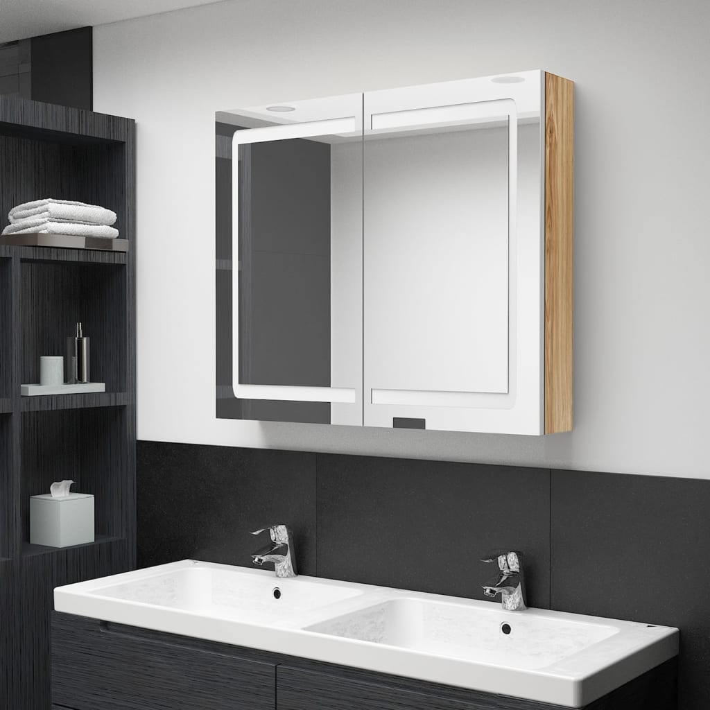 Szafka łazienkowa z lustrem i LED, biel i dąb, 80x12x68 cm vidaXL
