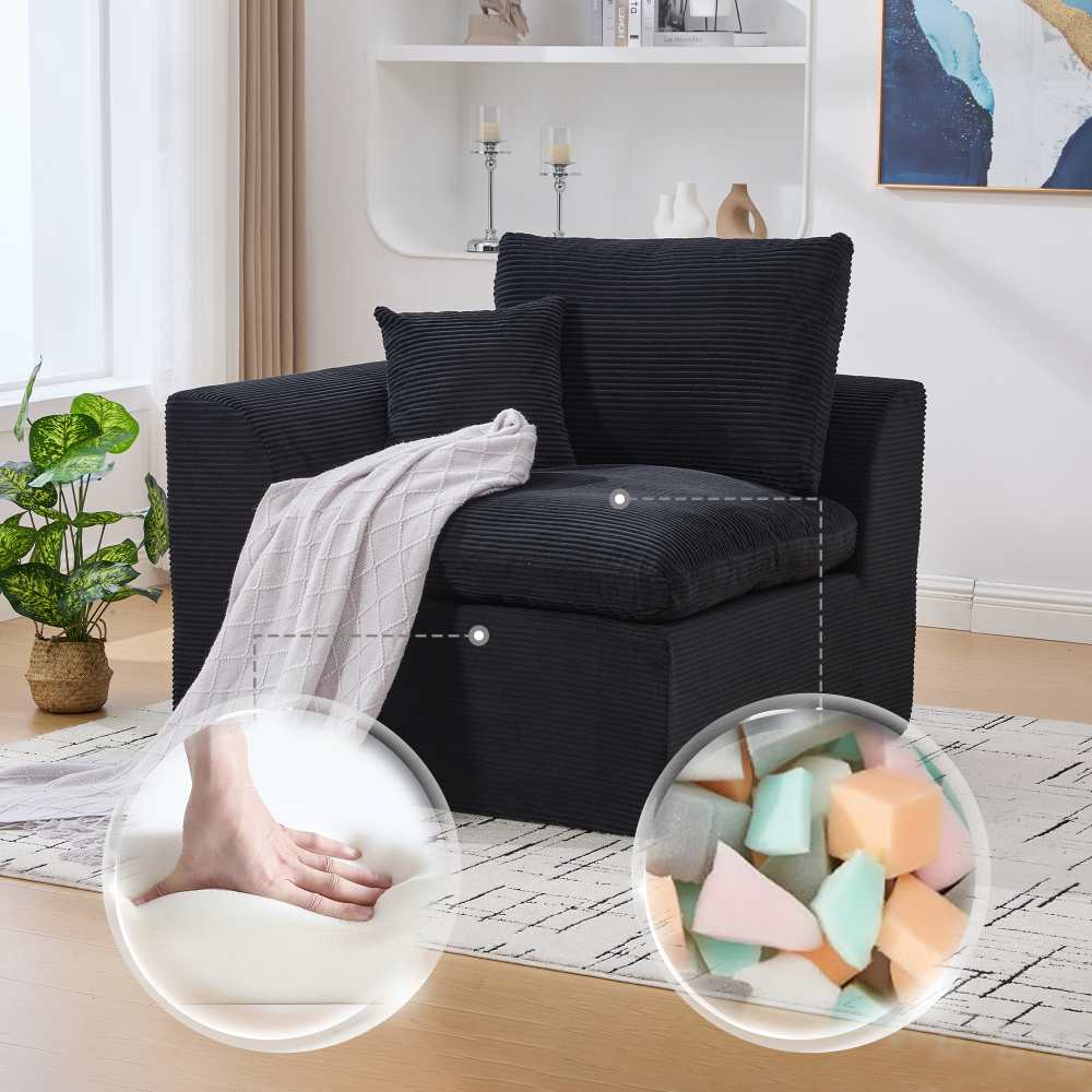 Nowoczesna, minimalistyczna sofa jednoosobowa z poduszkami – wygodna, miękka i trwała, wykonana z wysokiej jakości prążkowanej tkaniny