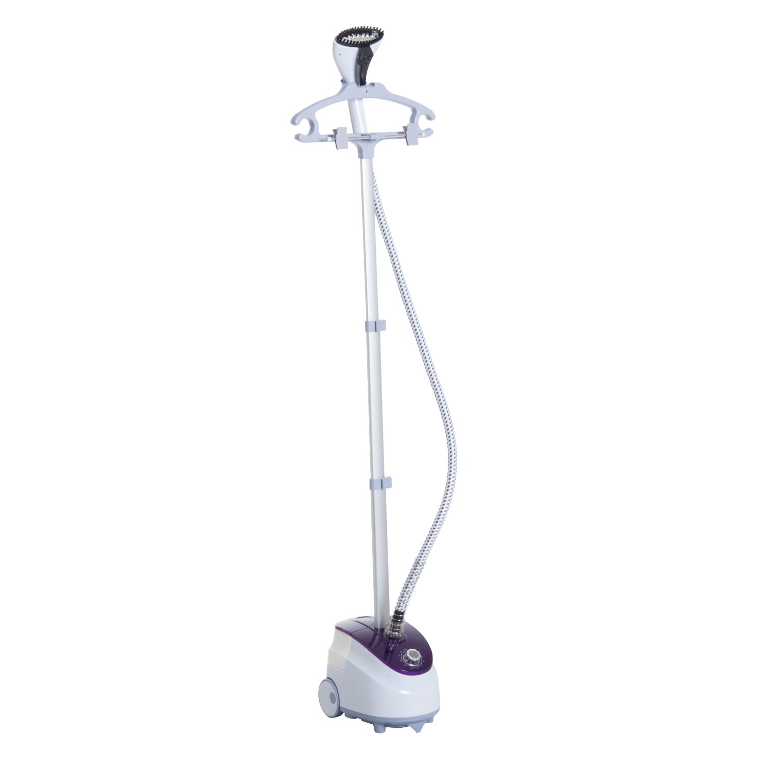 Pionowy odmrażacz parowy do ubrań, 1,8 l, 1800 W, przepływ pary 30 g/min, drążek teleskopowy, biały i fioletowy