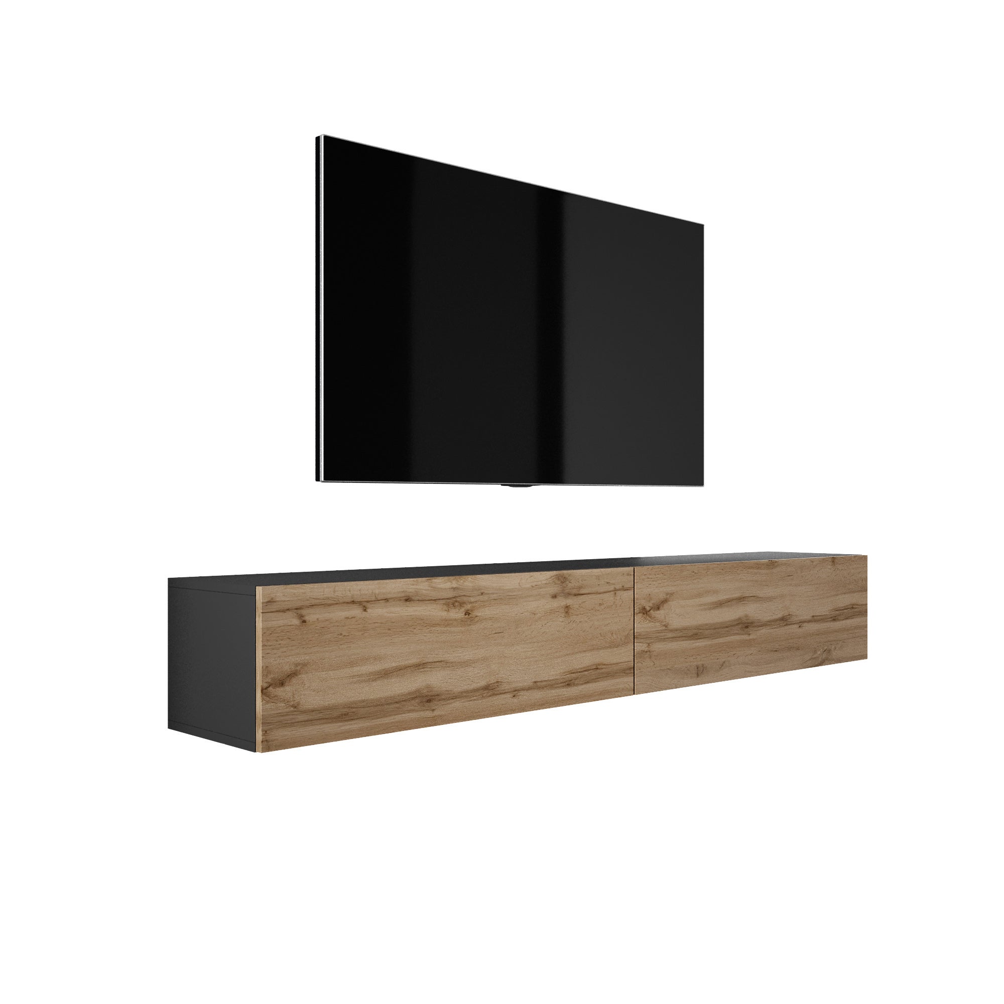 Zawieszana szafka RTV, (2 x 100) x 34 x 32 cm, Czarny Mat / Dąb Wotan