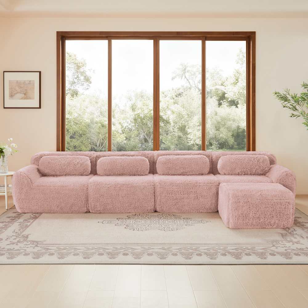 Modułowa 4-osobowa sofa narożna w pluszowej tkaninie, szezlong, poduszki w zestawie, ergonomiczny komfort i nowoczesny design