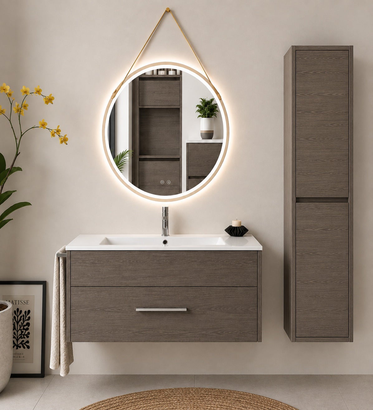 Szafka łazienkowa z umywalką ORIGENBATH FLORENCIA bez lustra 80x40 cm dąb smoky z kolumną
