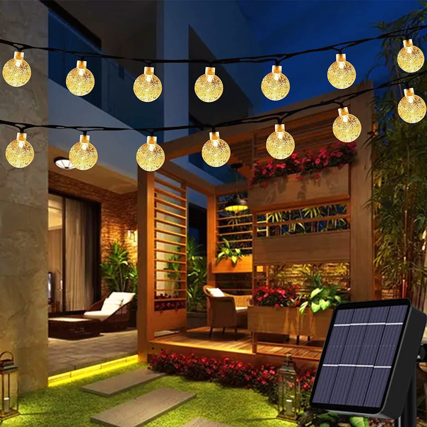 11-metrowy, solarny łańcuch świetlny, 60 diod LED, wodoodporny, kryształowe kule, do ogrodu, na patio, balkon, na imprezę (ciepła biel)
