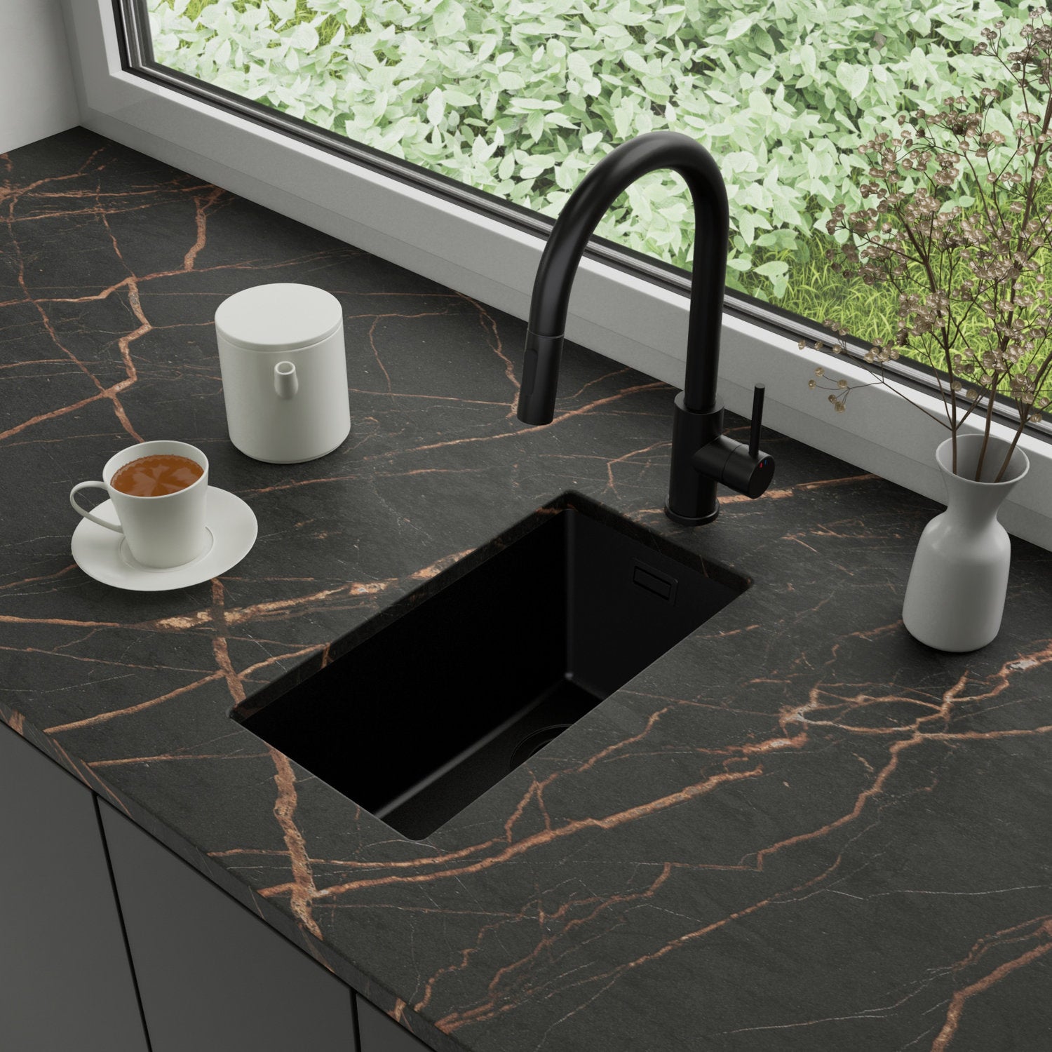 Zlewozmywak podblatowy 26x47cm, do szafki od 30cm + Bateria + Syfon - Agate Cały Czarny STONESTYLE