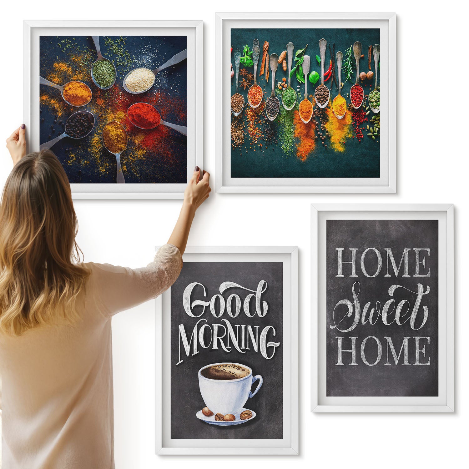 Galeria ścienna 4-częściowy komplet obrazów w białych ramach - Przyprawy kawa z filiżanką zioła kuchenne przyprawy - ArtPrintCave