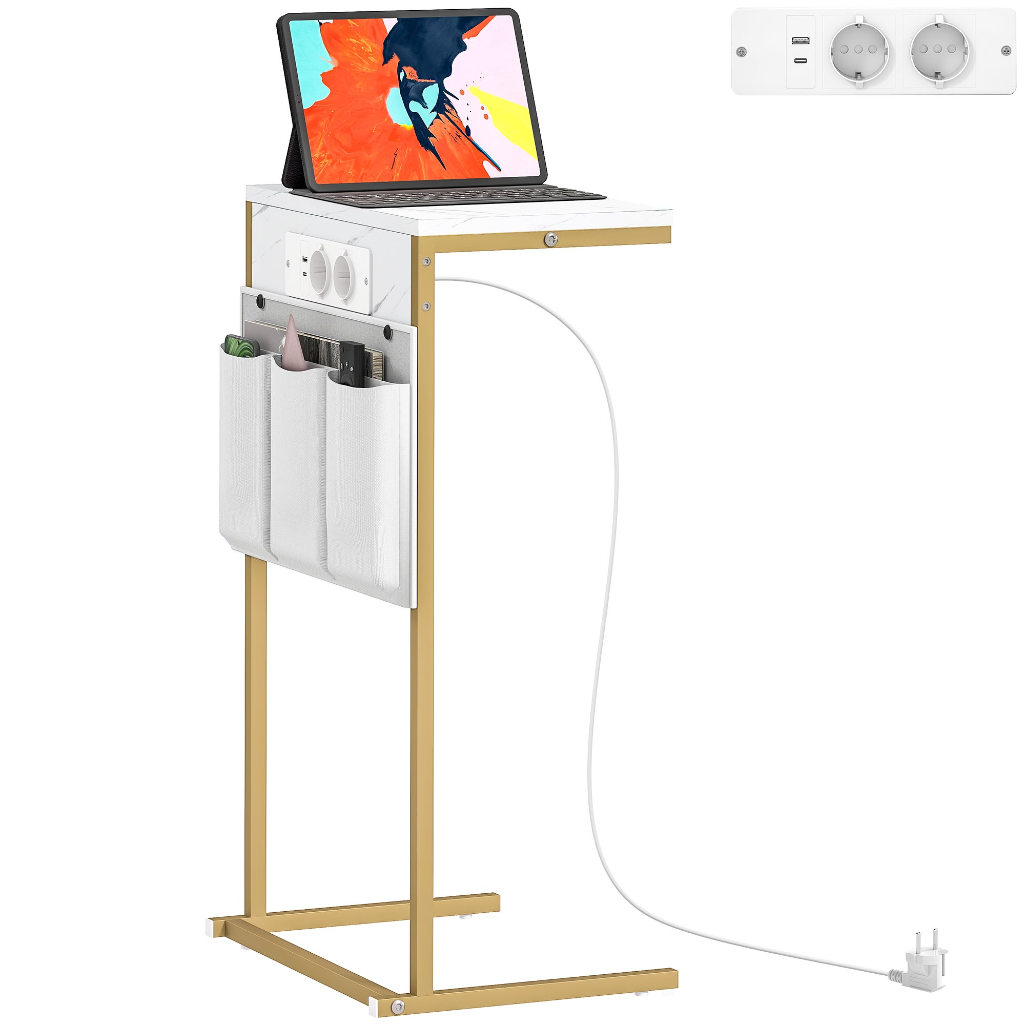 Stolik pomocniczy z marmurkowym wzorem, ładowarką USB i miejscem do przechowywania, 25,5 x 40 x 71 cm, biało-złoty