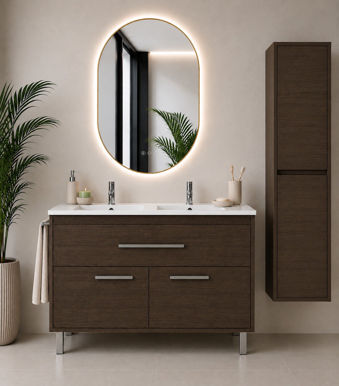 Szafka łazienkowa z umywalką ORIGENBATH BAHIA bez lustra 120x45 cm podwójna umywalka jesion tea z kolumną