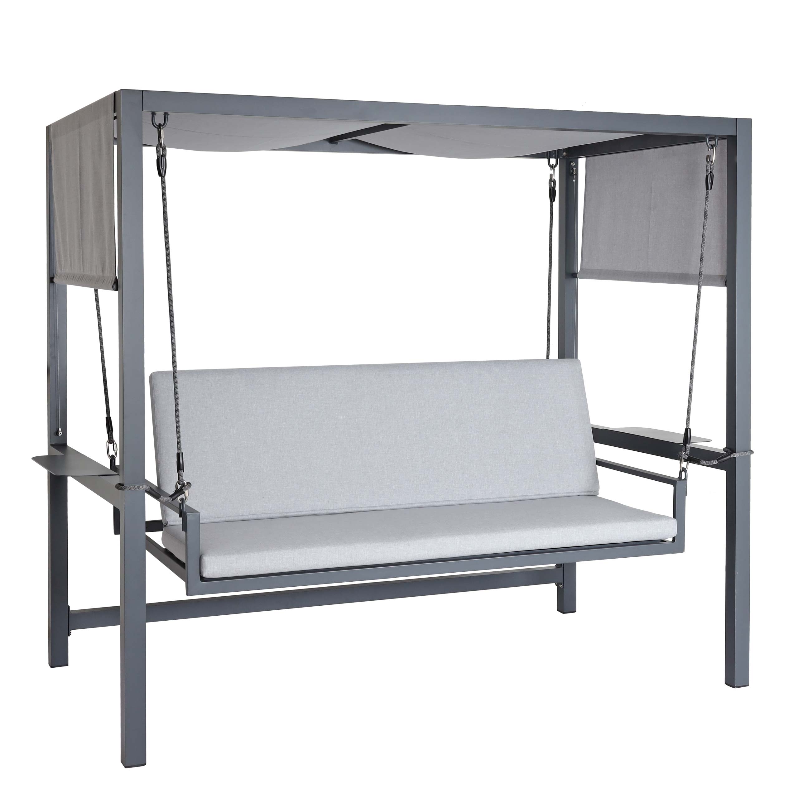 Aluminiowa huśtawka hollywoodzka HWC-L47, huśtawka ogrodowa wisząca z funkcją odchylania, dach tekstylny olefin 195x221x131cm tapicerka szara