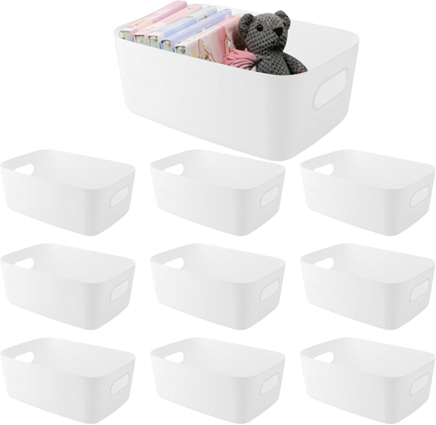 Zestaw 10 plastikowych pudełek do przechowywania 30 x 20,5 x 12,5 cm – organizery do układania w stosy z uchwytami do kuchni, łazienki i biura