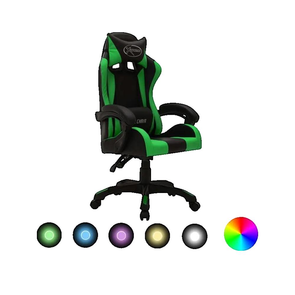 Fotel gaming vidaXL z LED RGB, skóra ekologiczna zielono-czarna, regulowany i wygodny