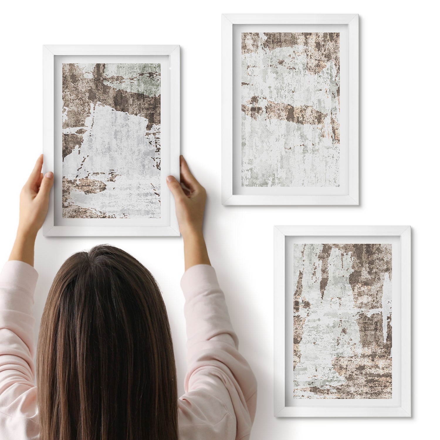 Galeria ścienna 3-częściowy komplet obrazów w białych ramach - Abstrakcyjne wzory w odcieniach bieli i brązu - ArtPrintCave