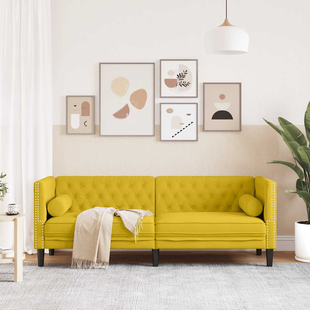 Sofa Chesterfield z wałkami, trzyosobowa, żółta, aksamit