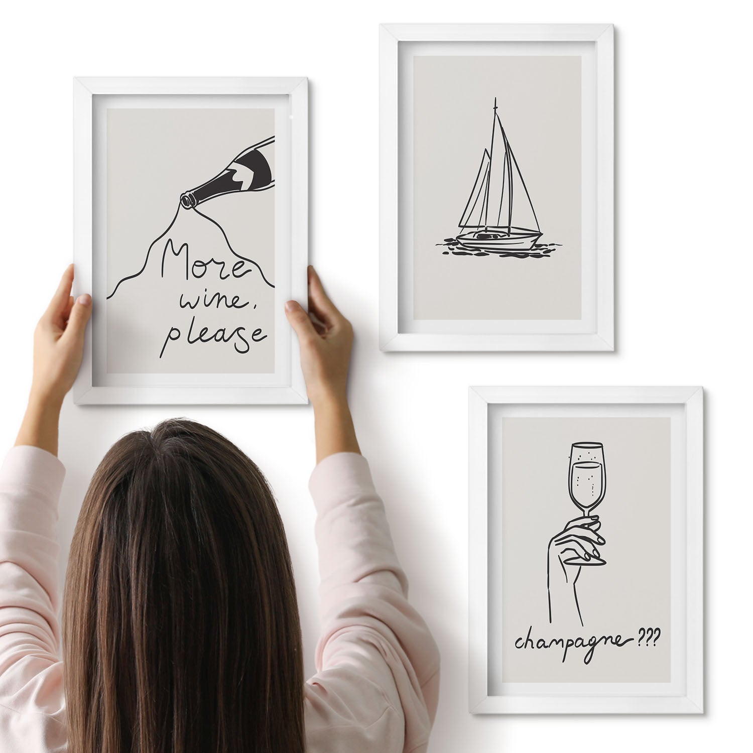 Galeria ścienna 3-częściowy komplet obrazów w białych ramach - Wino żaglówka kieliszek szampana styl linearny - ArtPrintCave