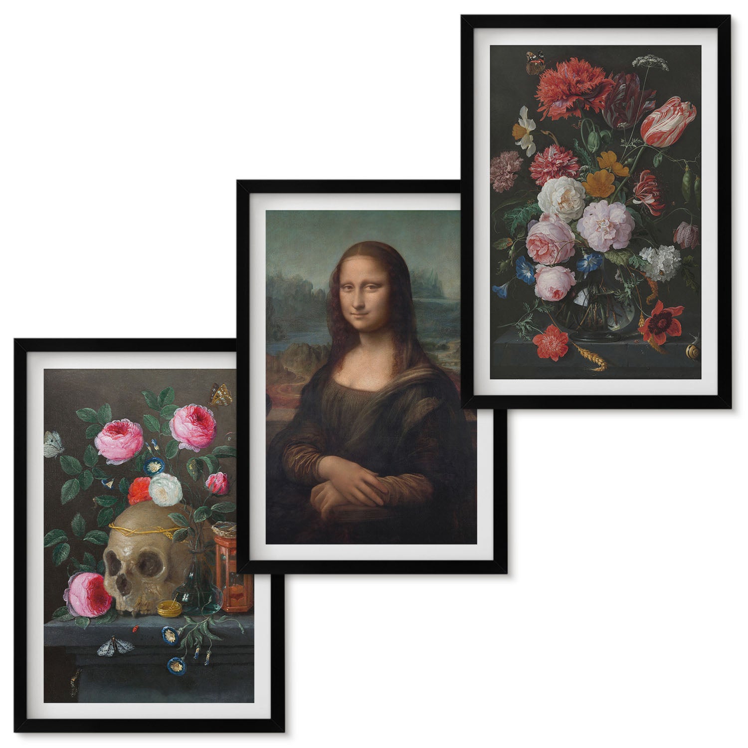 Zestaw obrazów w ramie - 3 części | Vintage kwiaty czaszka i portret Mona Lisy Leonardo da Vinci | Czarna ramka