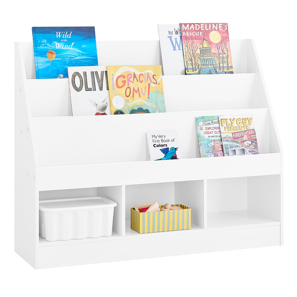 SoBuy Biblioteka Dziecięca Meble Na Zabawki Z 3 Przedziałami, Biblioteka Na Książki 3-Poziomowa, Biała, 100x30x80cm, KMB118-W