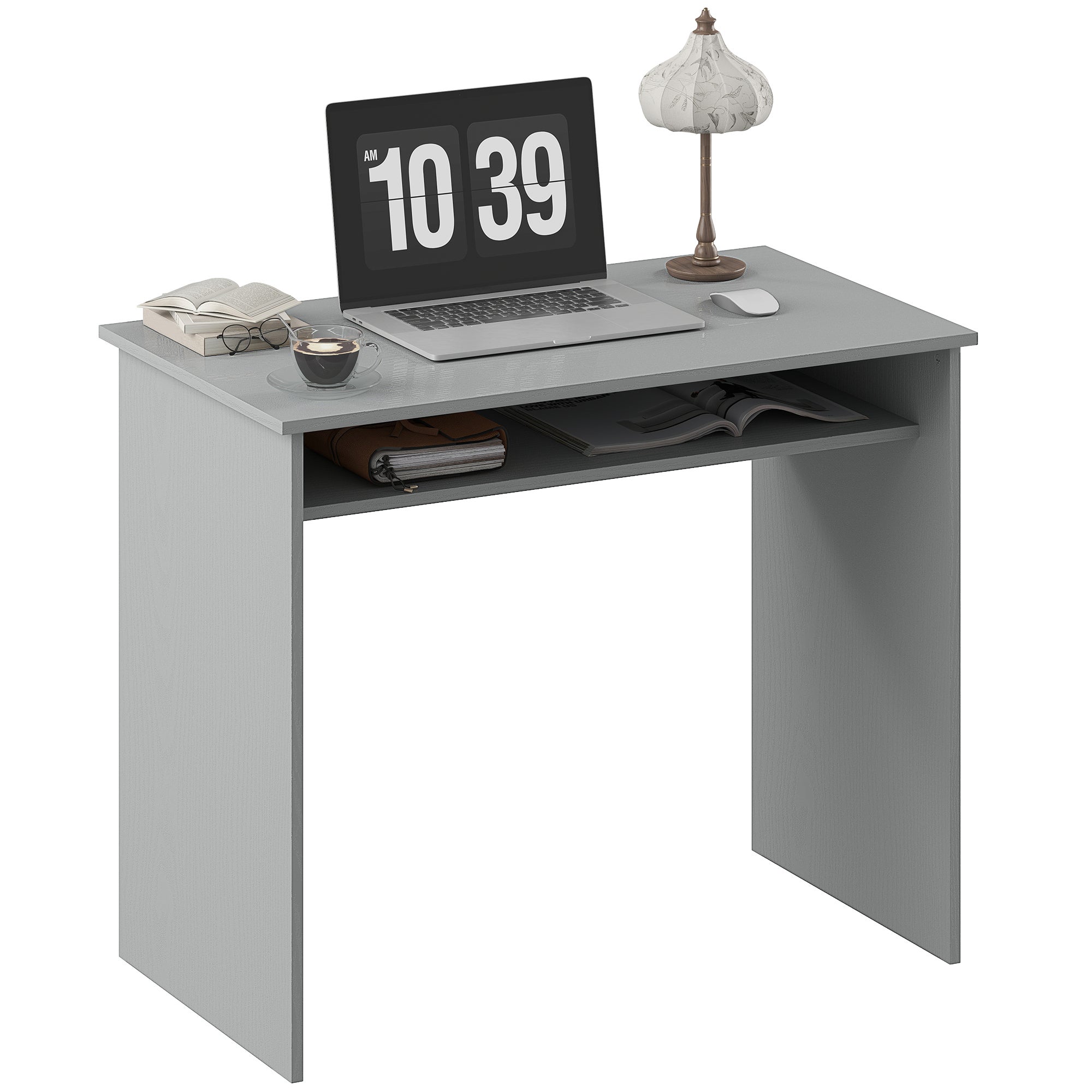 Kompaktowe, minimalistyczne biurko komputerowe z 1 półką, płyta wiórowa, wymiary 90 szer. x 50 gł. x 74 wys. cm, kolor szary