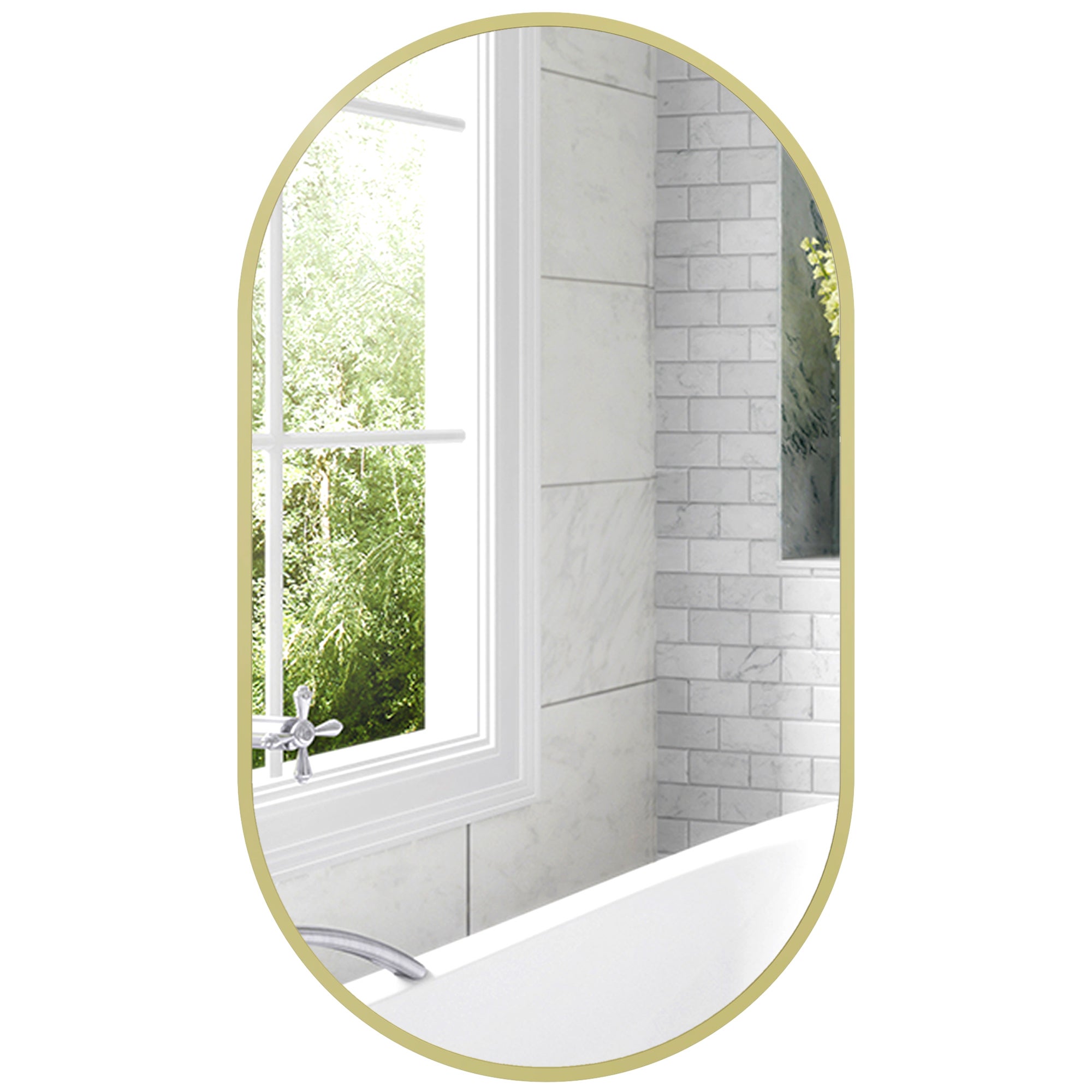 Owalne lustro ścienne z minimalistyczną aluminiową ramą, montaż pionowy lub poziomy z 3 haczykami, 40 x 70 cm, kolor złoty