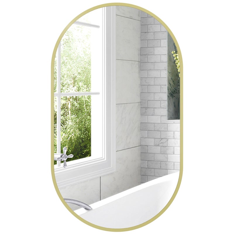 Owalne lustro ścienne z minimalistyczną aluminiową ramą, montaż pionowy lub poziomy z 3 haczykami, 40 x 70 cm, kolor złoty