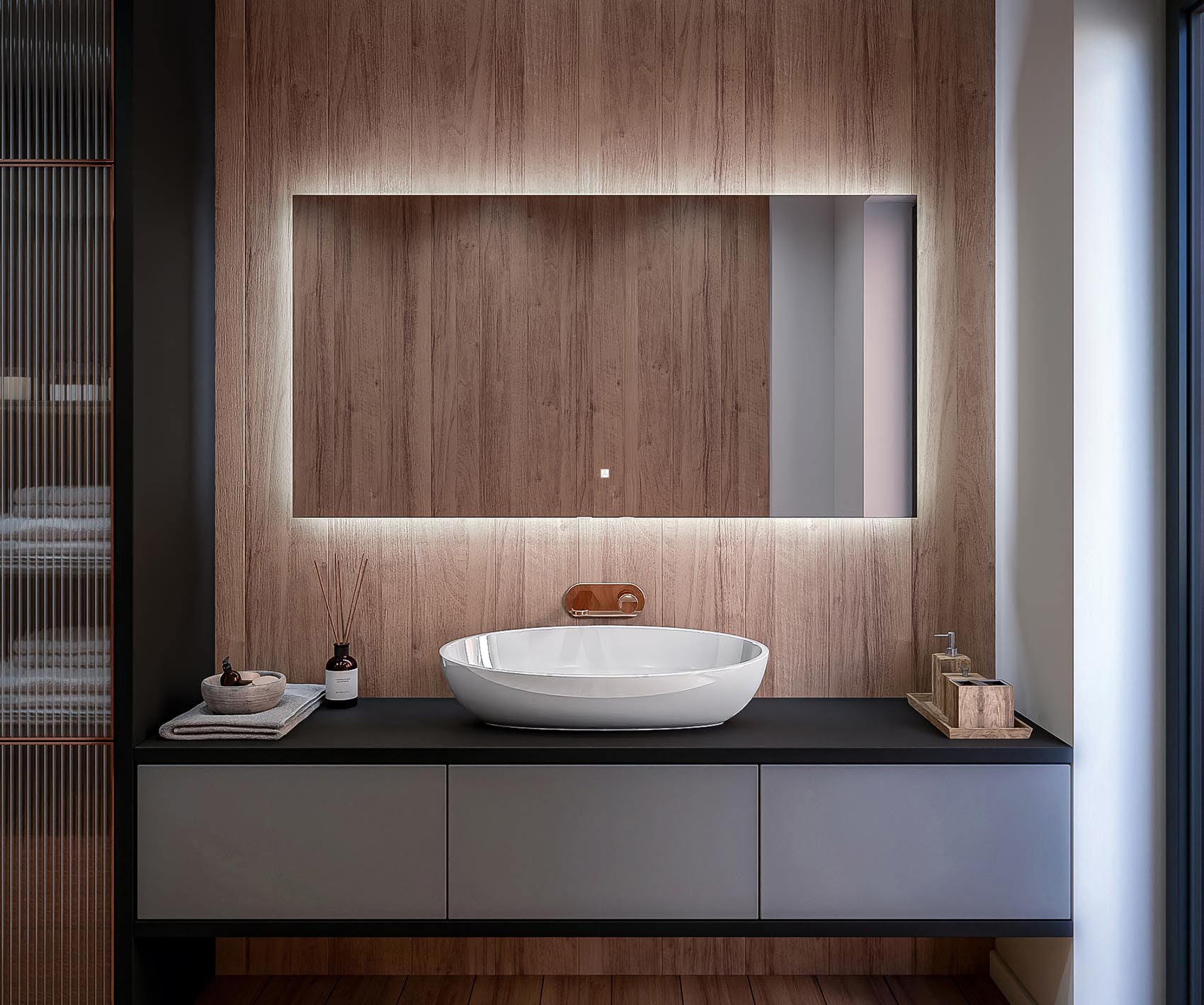 Lustro z oświetleniem łazienkowym LED (150x90cm) Jasne lustro LED z oświetleniem (TAN100) Przełącznik dotykowy