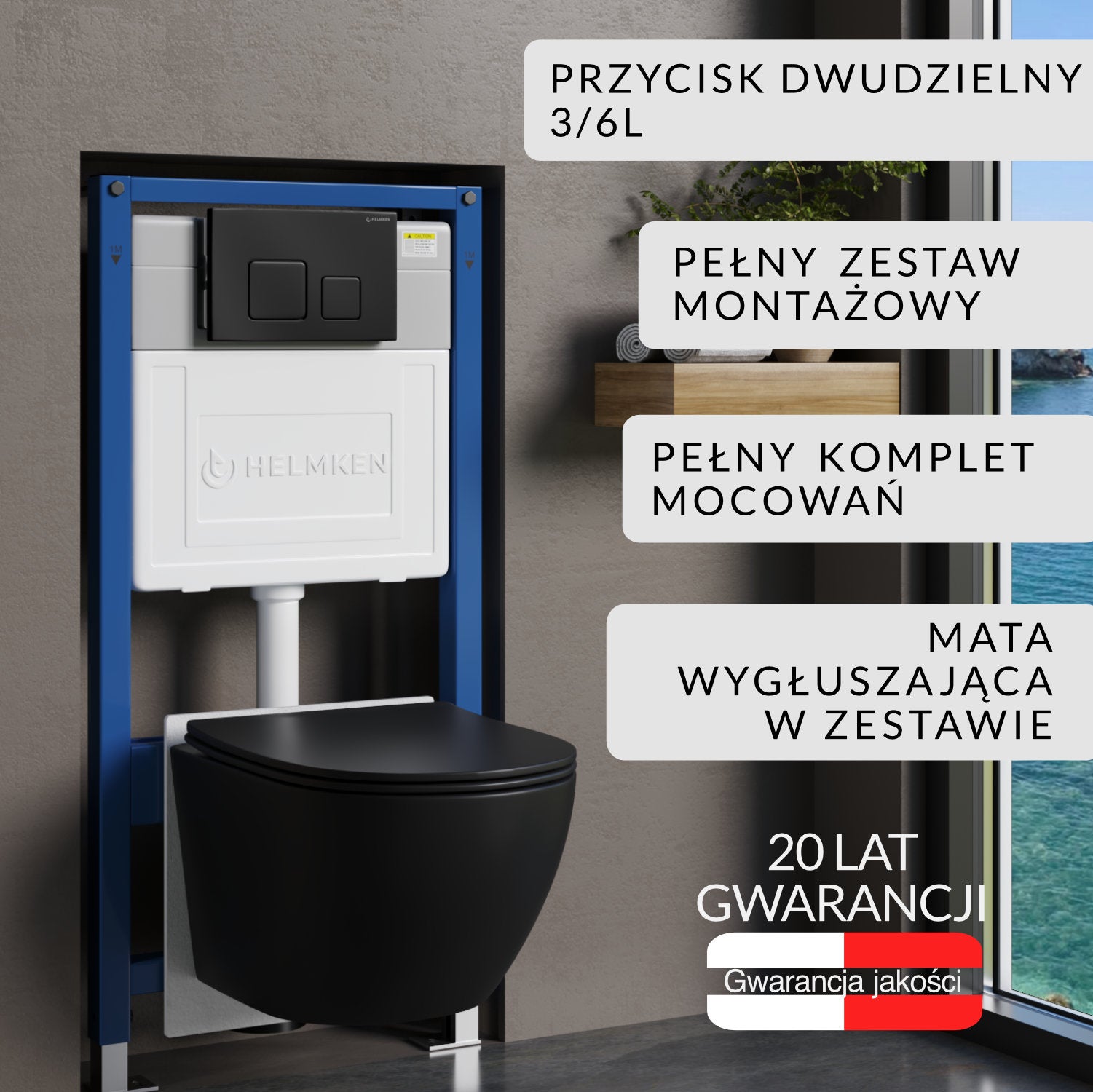 Zestaw podtynkowy WC Helmken 5w1: Stelaż, Czarny Mat Przycisk(F), Miska bezkołnierzowa Rimless 35103001B (Matowa Czarna), Deska wolnoopadająca, Mata