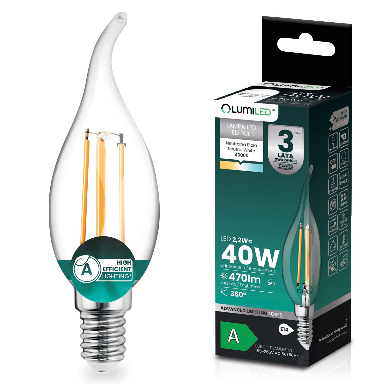 Żarówka LED Lumiled E14 Świeczka BA35 2.2 W 470 lm 4000K Neutralna biel 360st Filament KLASA A