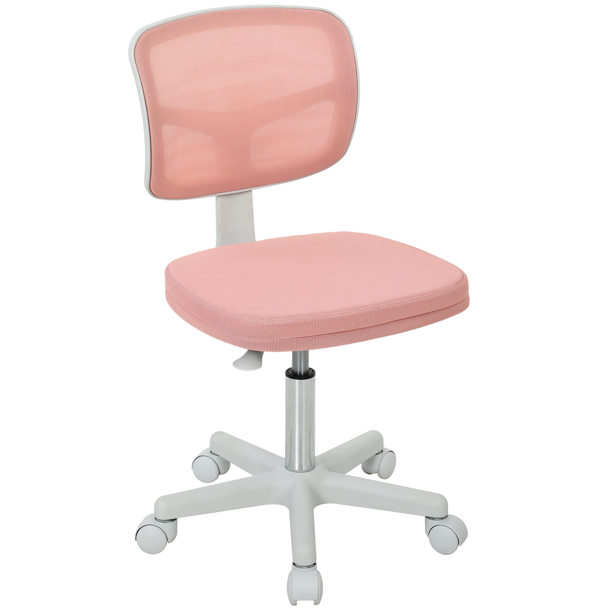 Ergonomiczny fotel biurowy bez podłokietników, obrotowy fotel biurowy, zakrzywione oparcie z siatki i kółka, różowy