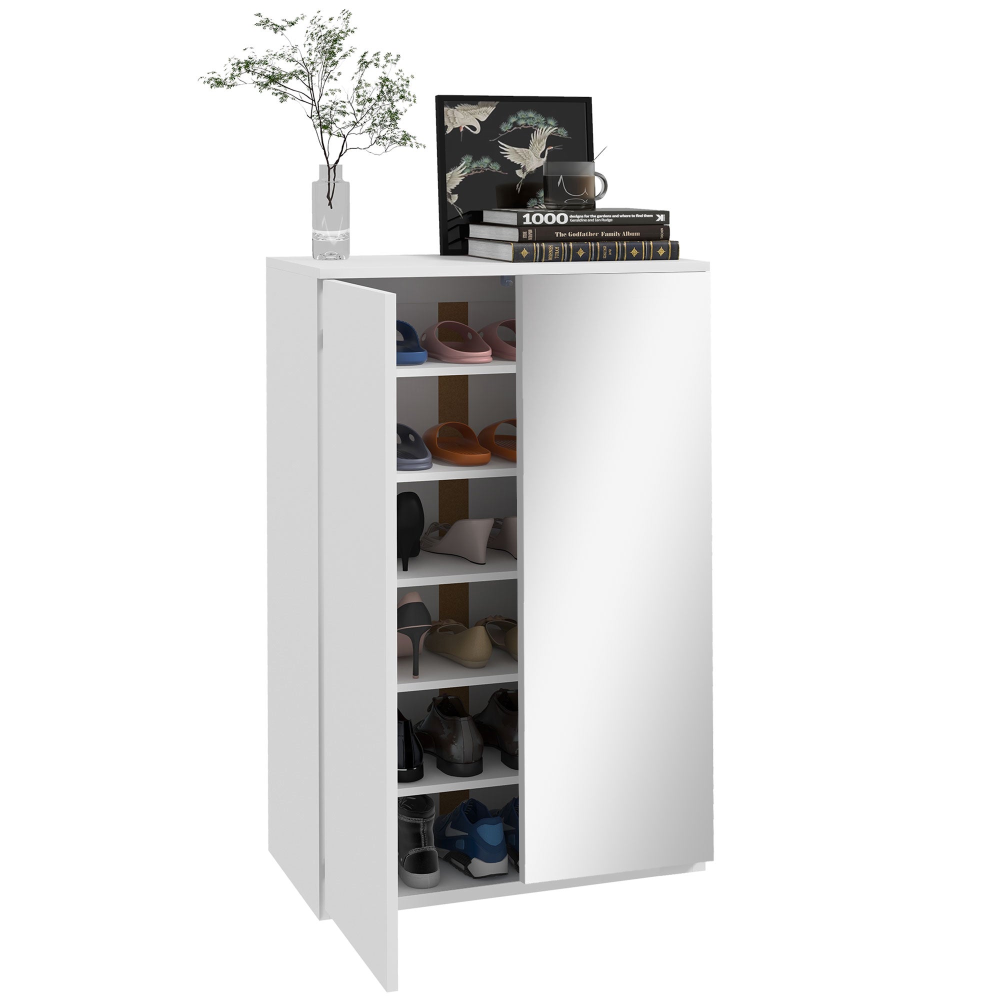 Szafka na buty z lustrem na 18 par butów z 5 regulowanymi półkami do przechowywania 60x32x95 cm Biała