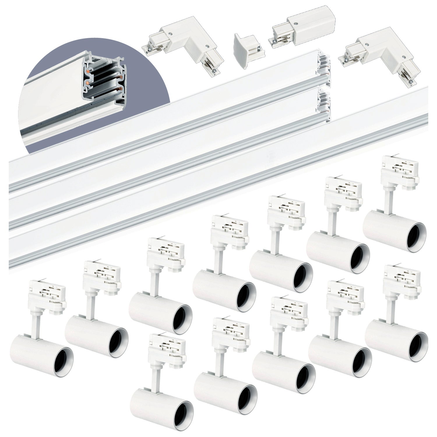 Zestaw szynowy 3-fazowy Kobi szyna 1m+1m+2m, 12x Lampa, łącznik L biały 1kpl.