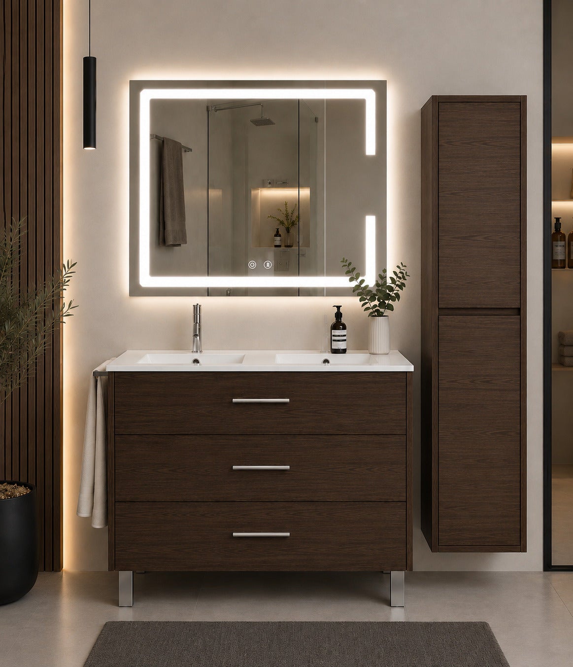 Szafka łazienkowa z umywalką ORIGENBATH RIBERA bez lustra 120x45 cm podwójna umywalka jesion tea z kolumną