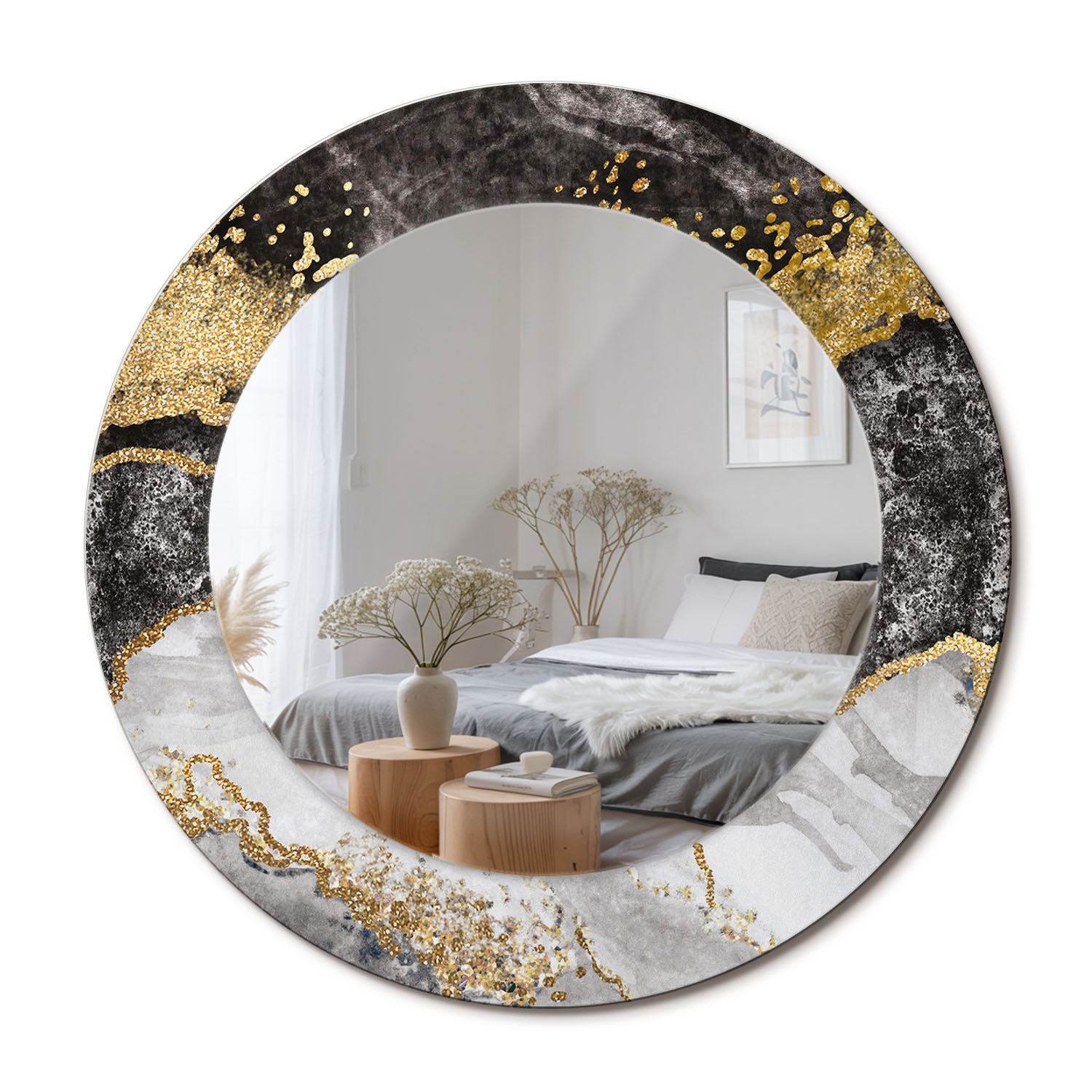 Nowoczesne lustro okrągłe z ozdobną szklaną ramą i motywem graficznym Marmur loft - 50 cm - ArtPrintCave