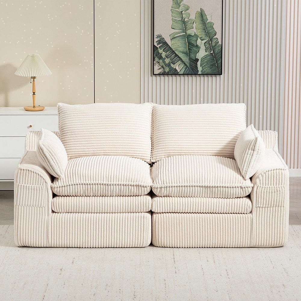 Dwuosobowa sofa z aksamitu w prążki, z poduszkami i dwiema kieszeniami bocznymi, wypełnienie z pianki i sprężyn, kolor beżowy